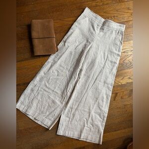 Linen Cotton Blend White and Beige Striped Wide-Leg Pants Size XS